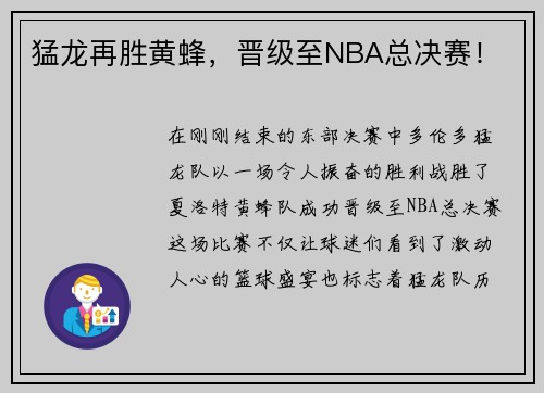 猛龙再胜黄蜂，晋级至NBA总决赛！